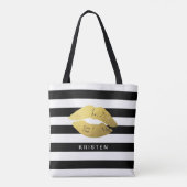 Gouden lippen met klassieke zwarte witte strepen tote bag (Achterkant)