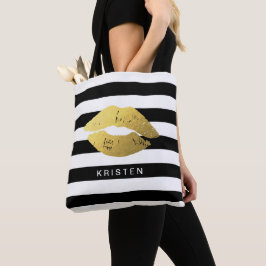Gouden lippen met klassieke zwarte witte strepen tote bag