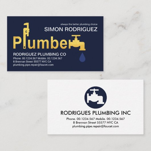 Gouden loodgieter moersleutel kraan signage visitekaartje (Voorkant / Achterkant)