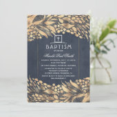 Gouden loof Elegant Marine Blauw Doopsel Kaart (Staand voorkant)