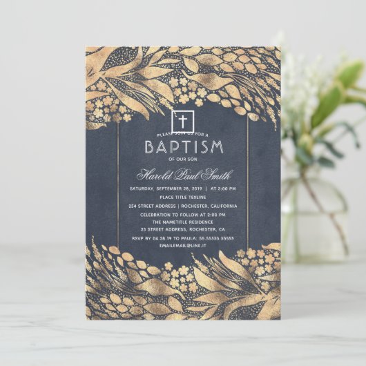 Gouden loof Elegant Marine Blauw Doopsel Kaart (Staand voorkant)