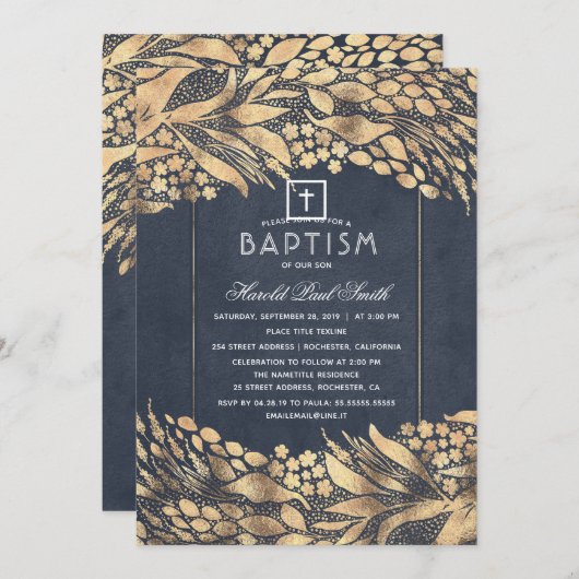 Gouden loof Elegant Marine Blauw Doopsel Kaart (Voorkant / Achterkant)
