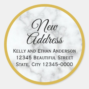 Gouden look en faux wit marmer nieuw adres ronde sticker
