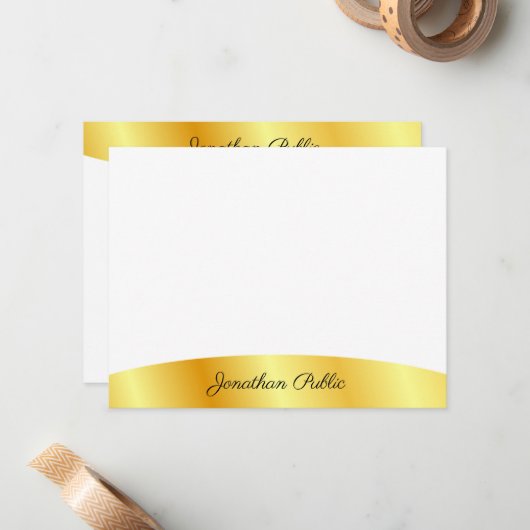 Gouden look wit gepersonaliseerd elegant handschri notitiekaartje (Voorkant / Achterkant in situ)