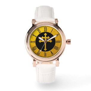 Gouden Lorraine-kruis op zwart/gouden christelijk Horloge
