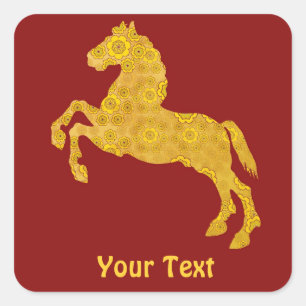 Gouden Lotus bloemblaadje Paard op donkerrood Vierkante Sticker