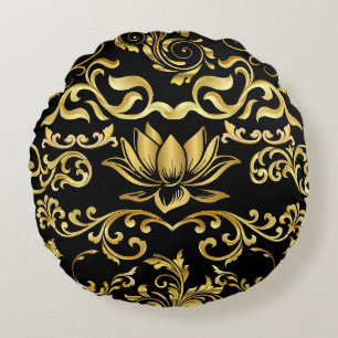 Gouden Lotus & Bloemen Patroon 2508 Rond Kussen