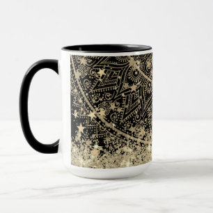 Gouden Lotus Mandala Gouden Sterren Glitter op Zwa Mok