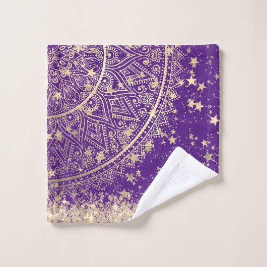 Gouden Lotus Mandala met gouden sterren op Paarse Bad Handdoek (Wasdoekje)