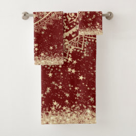 Gouden Lotus Mandala met gouden sterren op rood Bad Handdoek