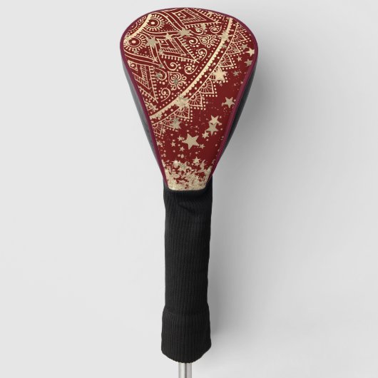 Gouden Lotus Mandala met gouden sterren op rood Golfheadcover (Voorkant)
