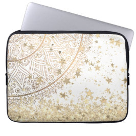 Gouden Lotus Mandala met Gouden Sterren op Wit Laptop Sleeve