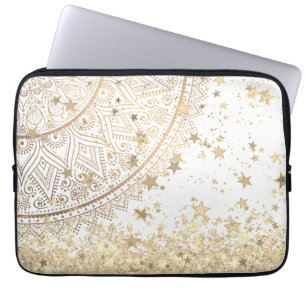 Gouden Lotus Mandala met Gouden Sterren op Wit Laptop Sleeve