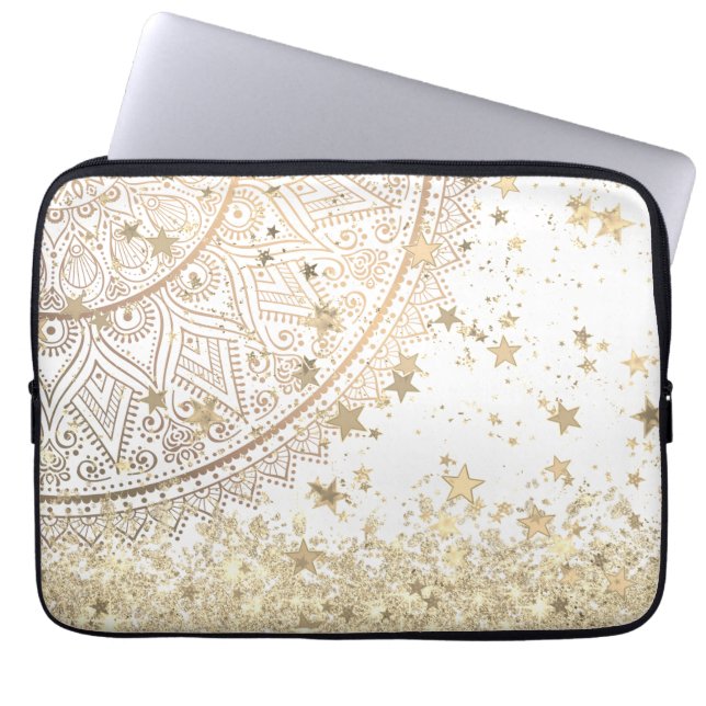 Gouden Lotus Mandala met Gouden Sterren op Wit Laptop Sleeve (Voorkant)