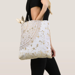 Gouden Lotus Mandala met Gouden Sterren op Wit Tote Bag