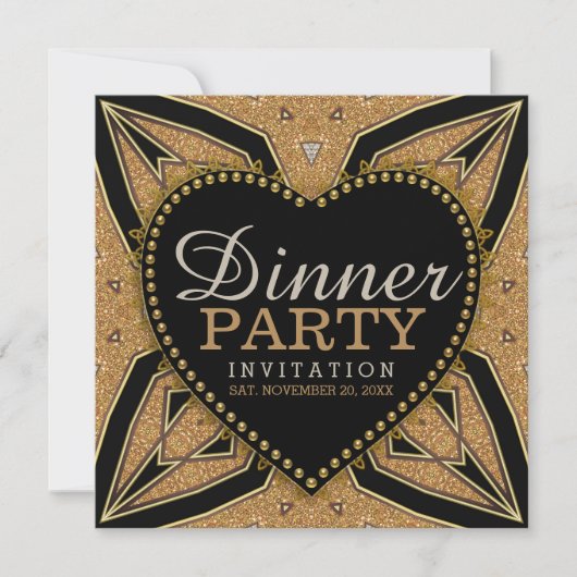 Gouden Love Art Deco dinerfeest uitnodigingen (Voorkant)