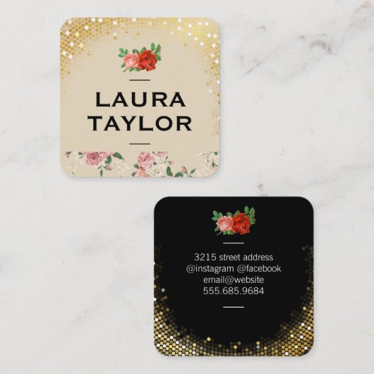 Gouden Lovertjes Bloempatroon en Rozen Vierkante Visitekaartje (Voorkant / Achterkant)