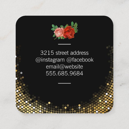 Gouden Lovertjes Bloempatroon en Rozen Vierkante Visitekaartje (Achterkant)