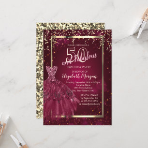 Gouden Lovertjes Bordeaux Glitterjurk 50e Verjaard Kaart