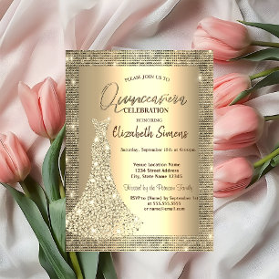 Gouden lovertjes, Chic diamanten jurk Quinceañera Kaart