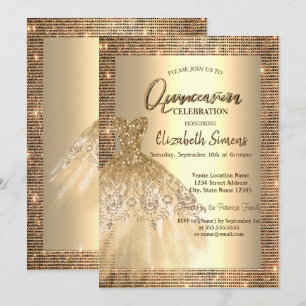 Gouden lovertjes, chic jurkje Quinceañera  Kaart
