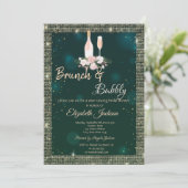 Gouden Lovertjes Groene Brunch & Mousserende Bruid Kaart (Staand voorkant)