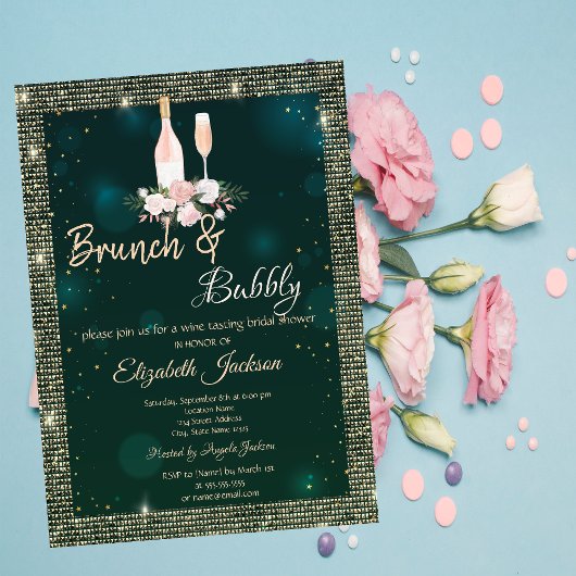 Gouden Lovertjes Groene Brunch & Mousserende Bruid Kaart