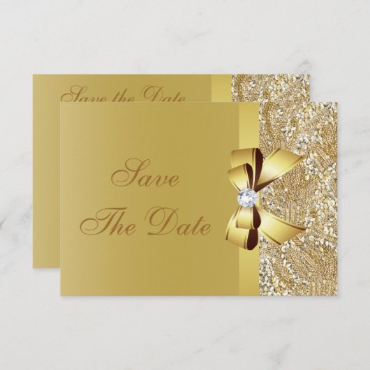 Gouden Lovertjes, Strik & Diamant Save the Date Tr (Voorkant / Achterkant)