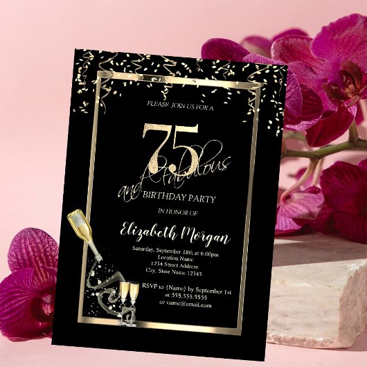 Gouden Lovertjes, Wijn Glas Fles 75ste Verjaardag Kaart