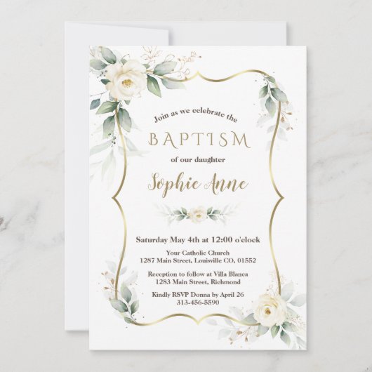 Gouden Luchtige Groene Wit Ivoor Bloem Doop Kaart (Voorkant)
