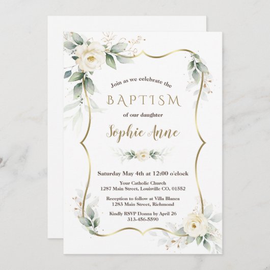 Gouden Luchtige Groene Wit Ivoor Bloem Doop Kaart (Voorkant / Achterkant)