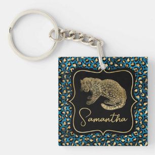 Gouden Luipaard en Blauwe Luipaardprint Sleutelhanger