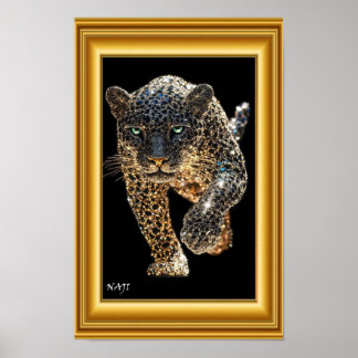 Gouden Luipaard in Beweging – Luxe Zwart en Goud W Poster