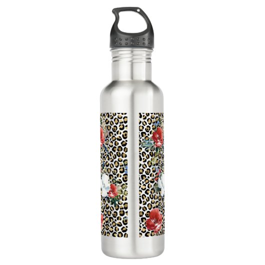 Gouden Luipaard Print Floral gepersonaliseerde off Waterfles (Achterkant)