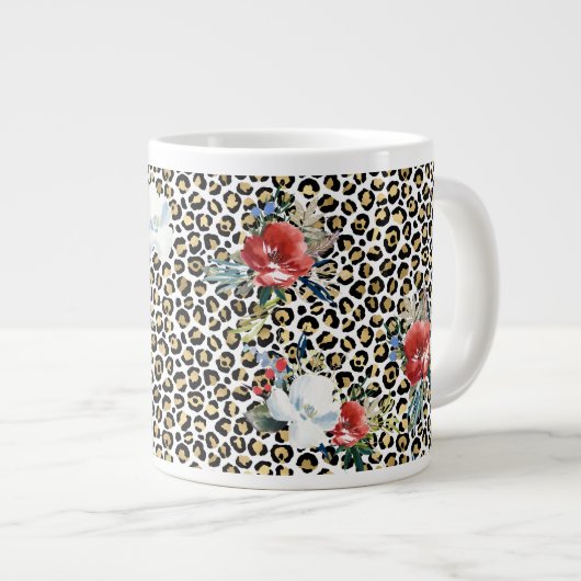 Gouden Luipaard Print Rood Wit Bloemen Grote Koffiekop (Voorkant rechts)
