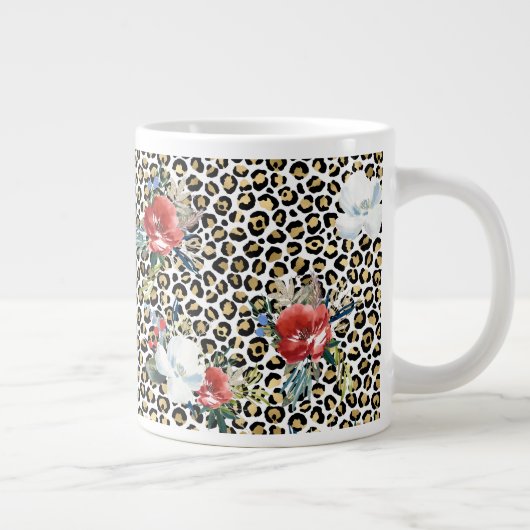 Gouden Luipaard Print Rood Wit Bloemen Grote Koffiekop (Rechts)