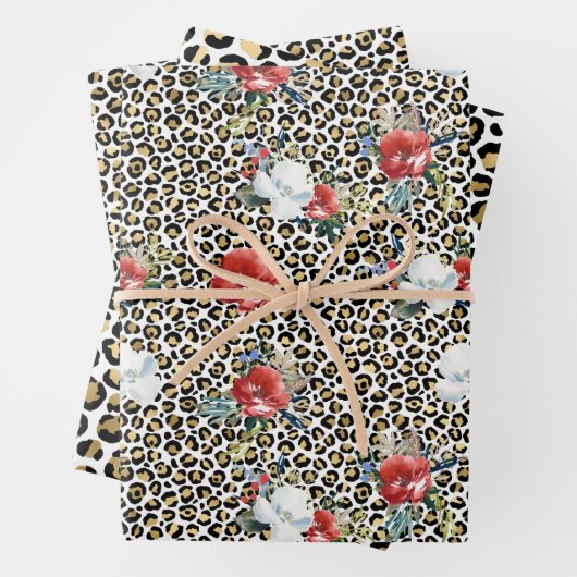 Gouden Luipaard Print Rood Wit Bloemen Inpakpapier Vel (In situ)