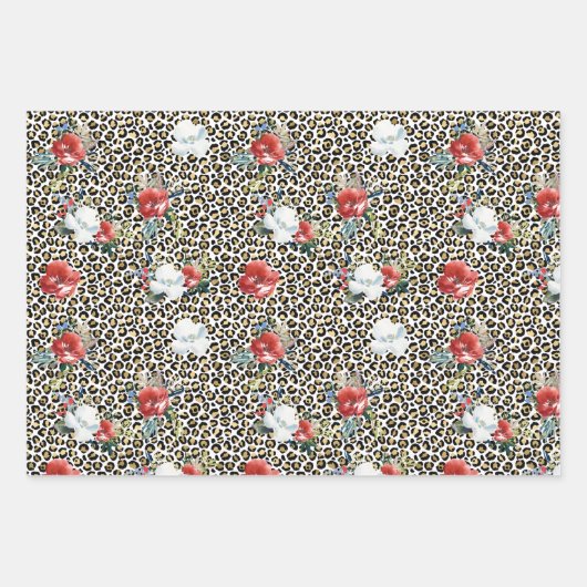 Gouden Luipaard Print Rood Wit Bloemen Inpakpapier Vel (Voorkant)
