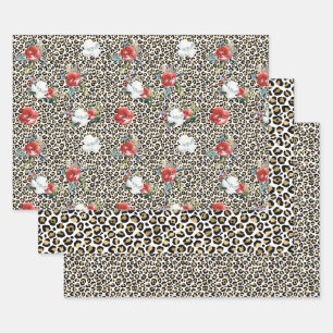 Gouden Luipaard Print Rood Wit Bloemen Inpakpapier Vel