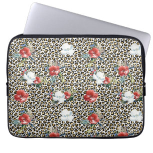 Gouden Luipaard Print Rood Wit Bloemen Laptop Sleeve