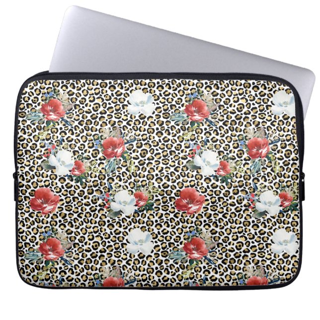 Gouden Luipaard Print Rood Wit Bloemen Laptop Sleeve (Voorkant)