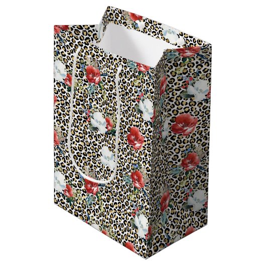 Gouden Luipaard Print Rood Wit Bloemen Medium Cadeauzakje (Voorkant Gekanteld)