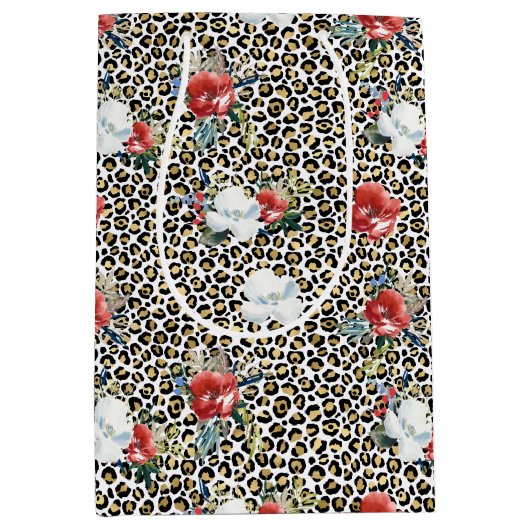 Gouden Luipaard Print Rood Wit Bloemen Medium Cadeauzakje (Voorkant)