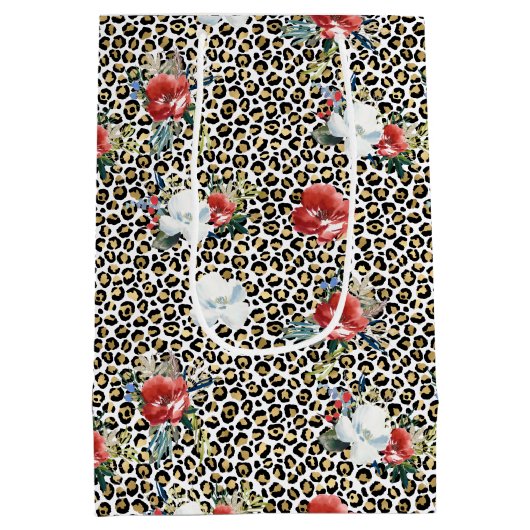 Gouden Luipaard Print Rood Wit Bloemen Medium Cadeauzakje (Achterkant)