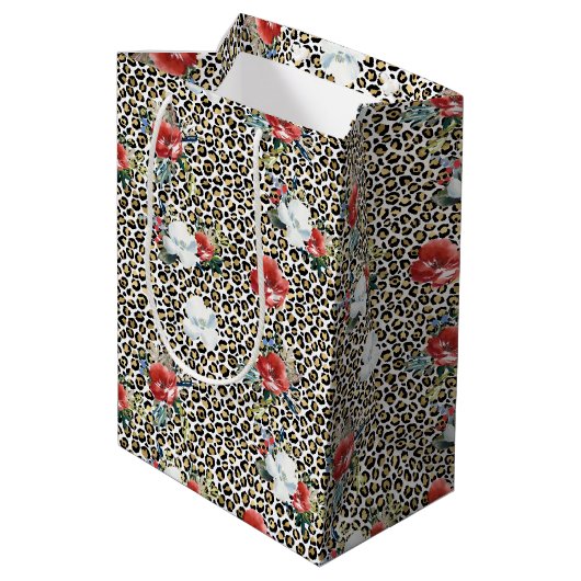 Gouden Luipaard Print Rood Wit Bloemen Medium Cadeauzakje (Achterkant Gekanteld)