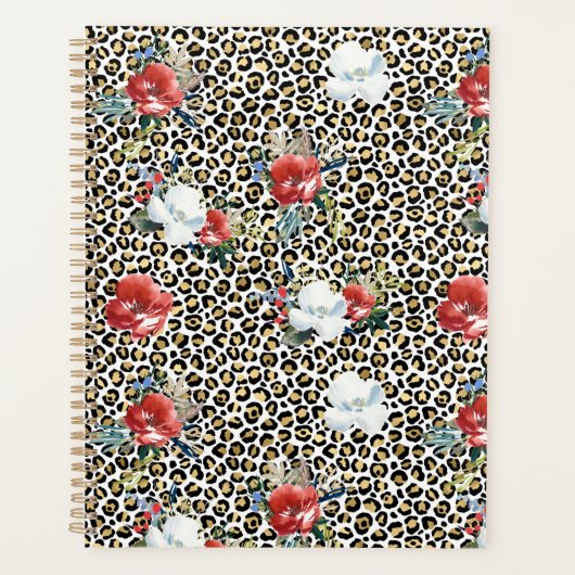 Gouden Luipaard Print Rood Wit Bloemen Planner (Voorkant)