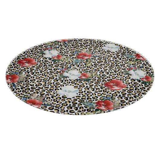 Gouden Luipaard Print Rood Wit Bloemen Snijplank (Hoek)