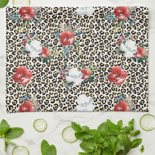 Gouden Luipaard Print Rood Wit Bloemen Theedoek (Gevouwen)