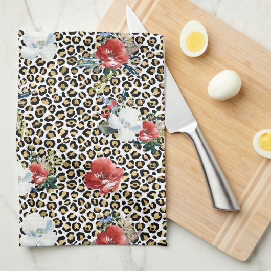Gouden Luipaard Print Rood Wit Bloemen Theedoek (Quarter Fold)