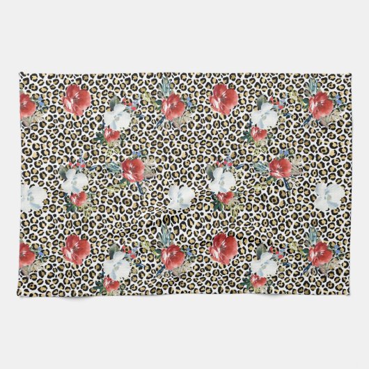 Gouden Luipaard Print Rood Wit Bloemen Theedoek (Horizontaal)